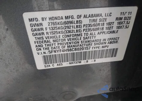 2012 Honda Pilot Touring z USA, uszkodzony, nr VIN 5FNYF4H98CB020157